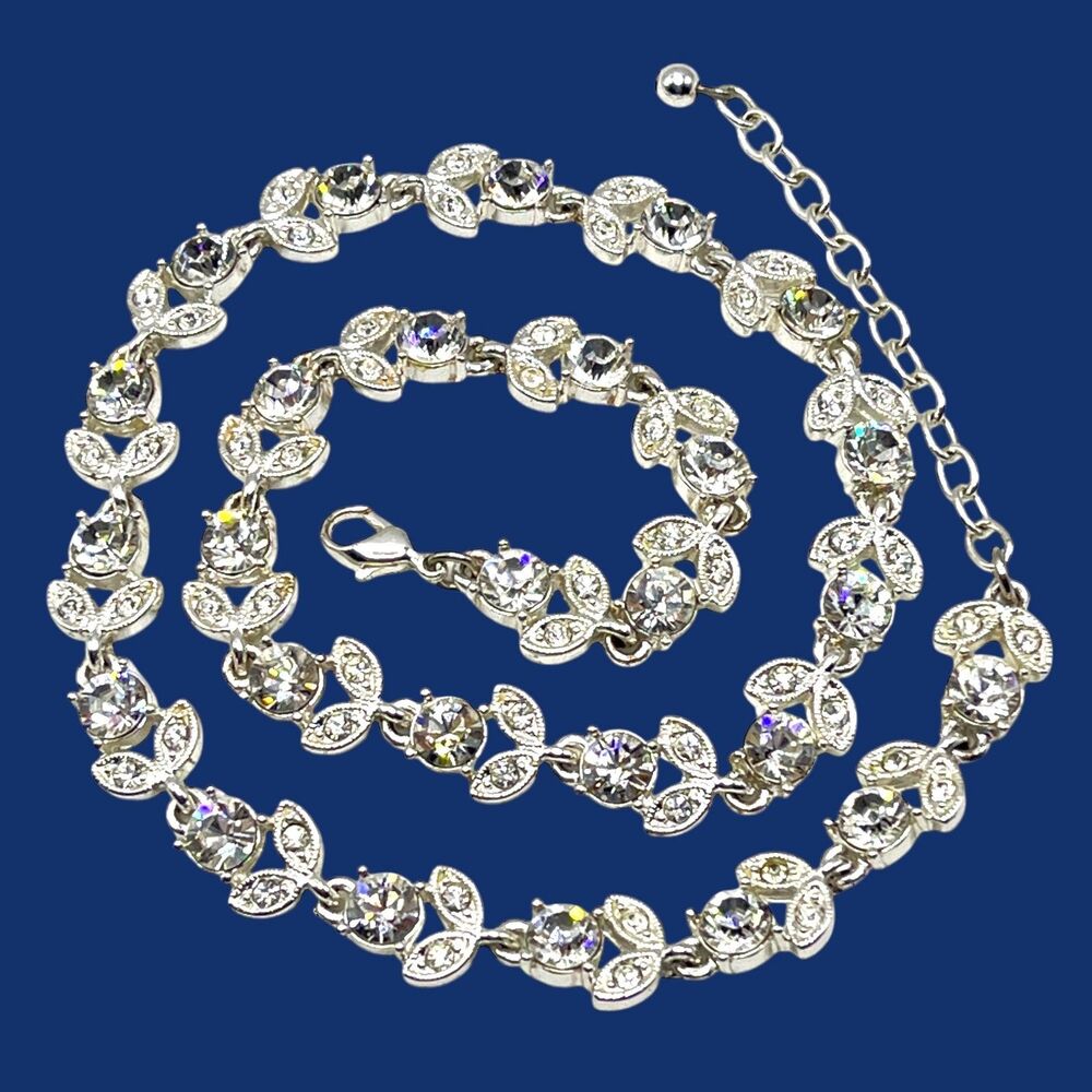 Zirconia Necklace Silver Tone Linked Rhinestone Flower Retro Glam Formal Wedding